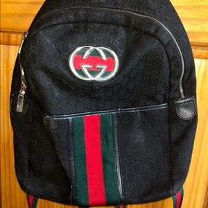 Gucci Black Backpack with Signature Red and Green Accents